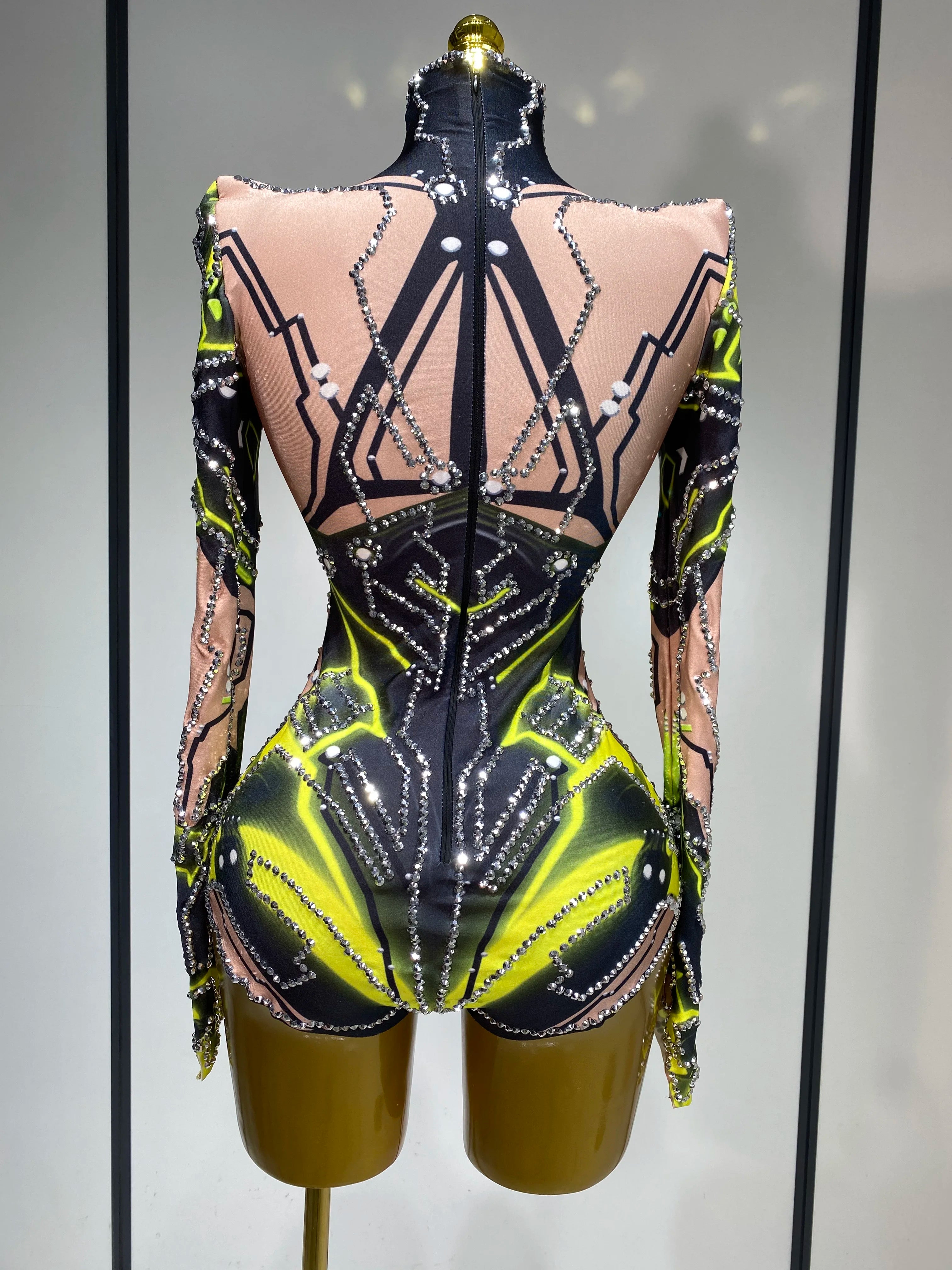 Women Sparkly Rhinstones High Street Bodysuit Performance Dance Singer Costume Nightclub Evening Party Birthday Stage Outfit