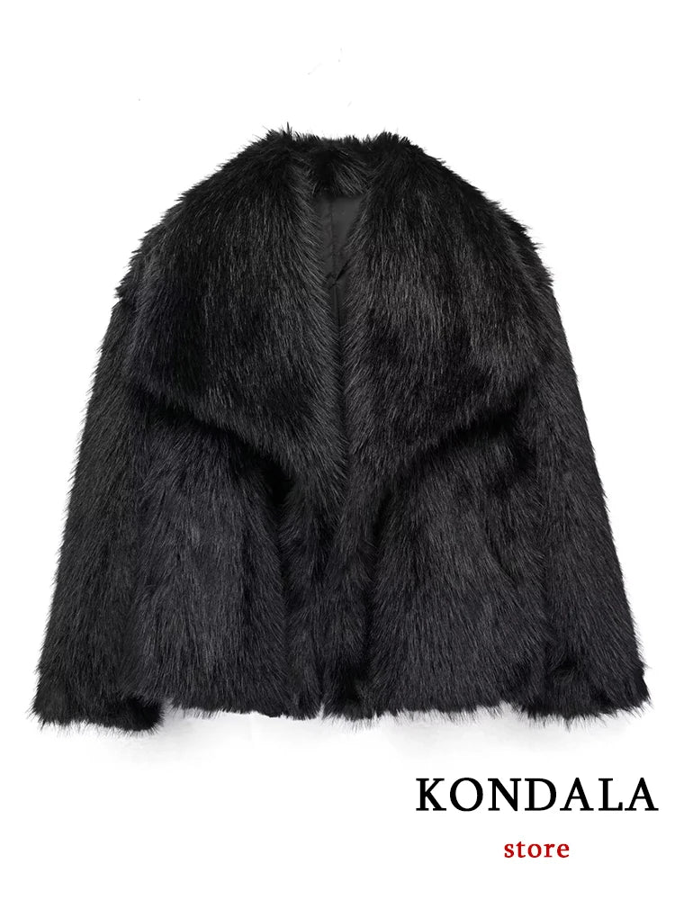 Vintage Faux Fur Oversized Coats Women Fashion Autumn Winter Thick Warm Jackets Casual Pockets Elegant Outwears