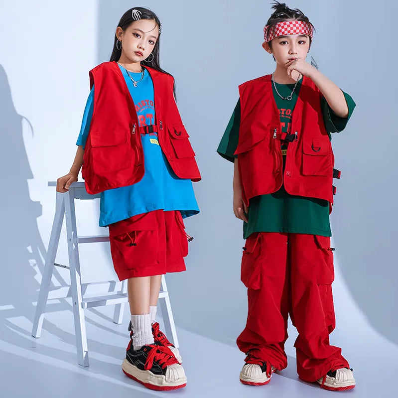 Boys Hip Hop Pants Outfits Red Vest Cargo Pants Girls Streetwear Children Joggers Street Dance Kids Jazz Costumes Clothes Sets