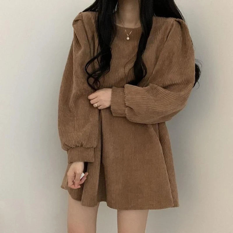 Corduroy Dress Women Vintage Belt Slim Long Sleeve Mini Dresses Fashion Elegant Solid O Neck Chic Streetwear Fall Winter