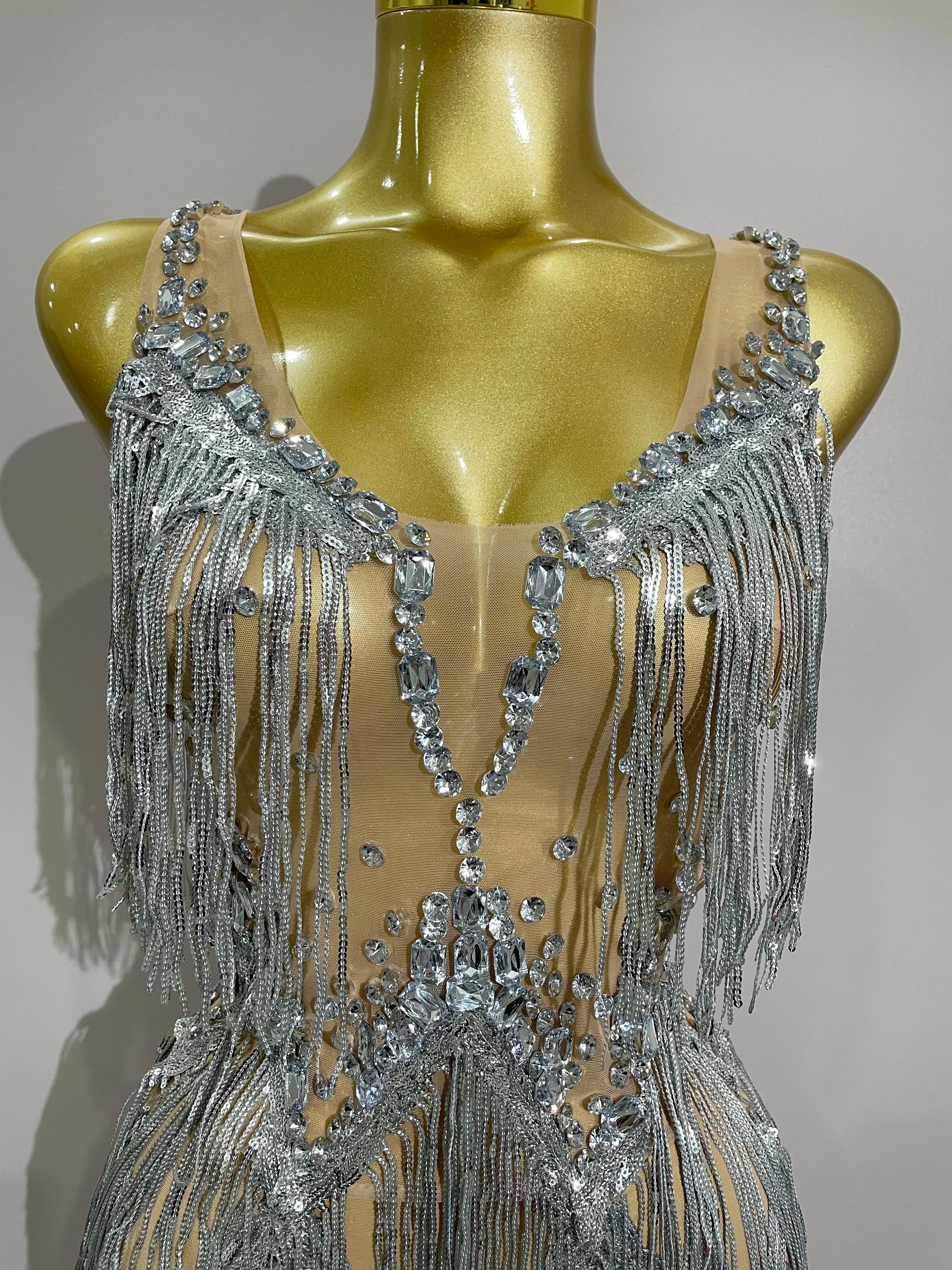 Sparkly Rhinestone Tassels Sexy Mesh Mini Dress 2025 Women Evening Birthday Party Dresses Nightclub Performance Stage Costume