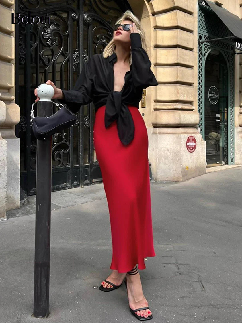 Bclout Fashion Satin Red Skirts Women Elegant Solid High Waist Office Lady Skirts Vintage Thin Party Slim Long Skirts Sexy Red