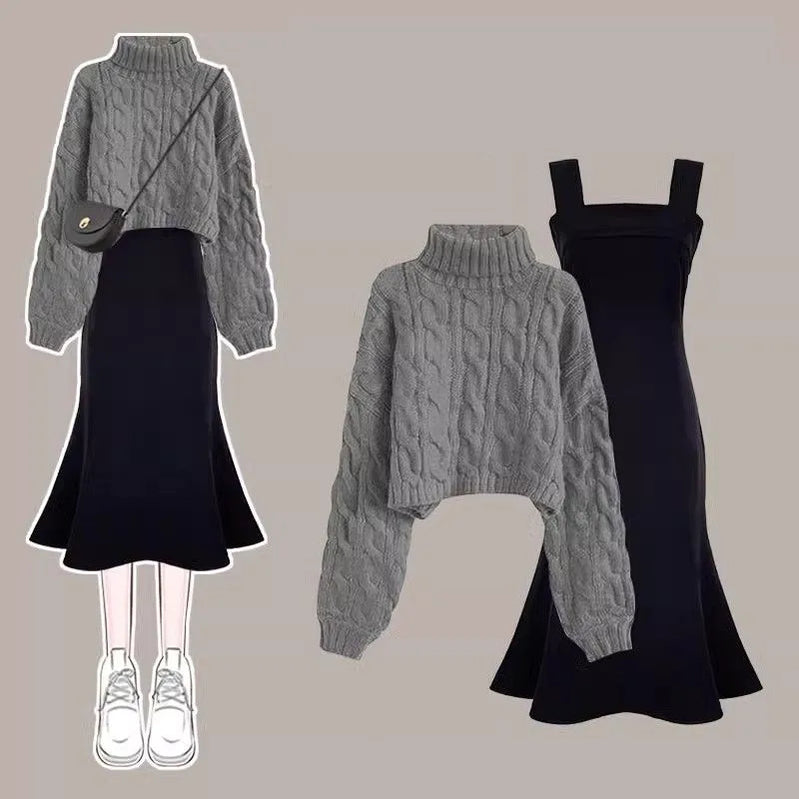 Women's Autumn Winter Loose High Neck Knitted Sweater Suspender Dress Two-piece Korean Elegant Pullover Strap Skirt Matching Set Set 01