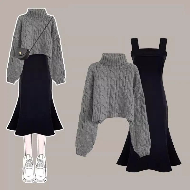 Women's Autumn Winter Loose High Neck Knitted Sweater Suspender Dress Two-piece Korean Elegant Pullover Strap Skirt Matching Set Set 01
