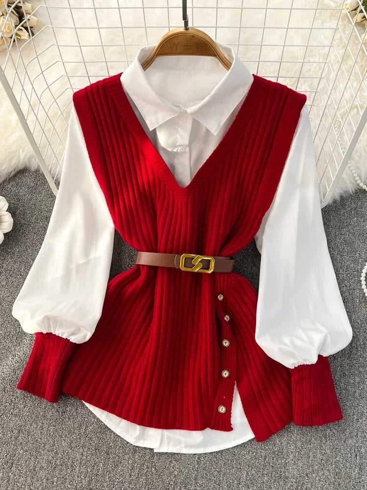 Loose White Shirt Long Sleeve Top Women's Belt Slit Knit Vest Korean Fashion Two Piece Set for Women Blouse Spring New Red