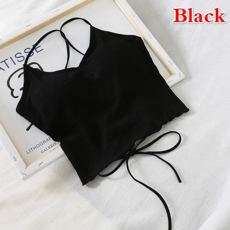 2023 Summer New Slim Fit Open Back Sexy Chest Cushion Strap Women Crop Tops Sexy Solid Color Camisole Women Clothing 1 One Size