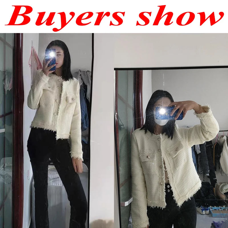 Spring White Tweed Jacket Women Korean Fashion Golden Single-Breasted Short Coat Ladies Pockets Long Sleeve Outwear