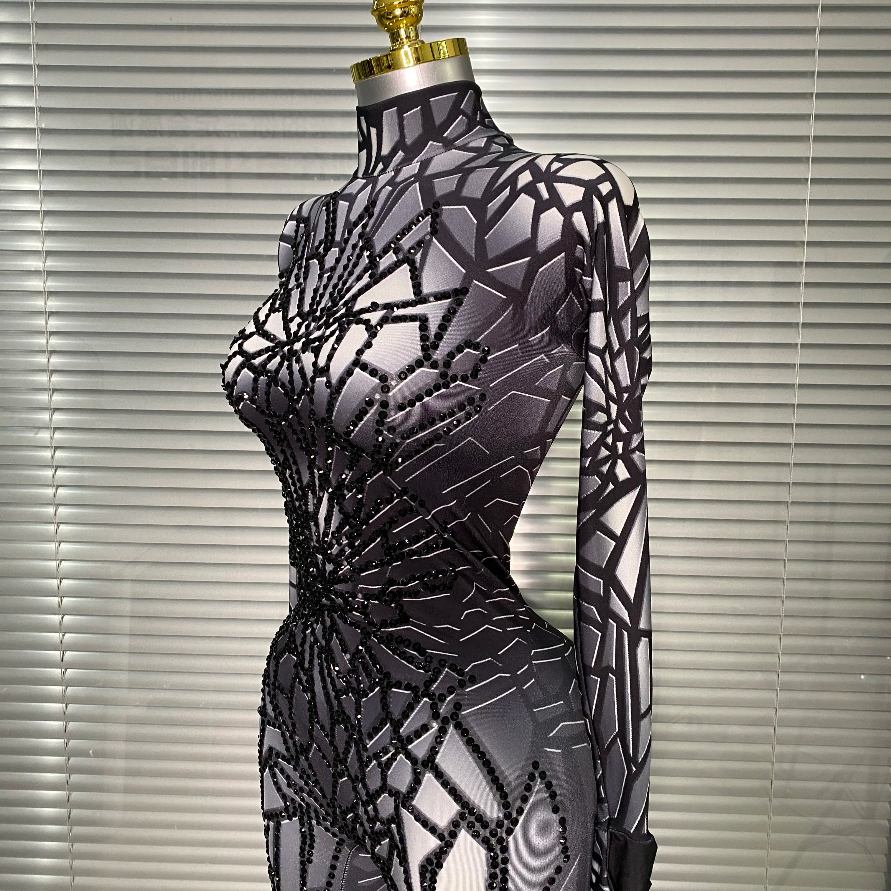 Women Sexy Black Y2K Crystal Jumpsuit Celebrity Designer Stretchy Mesh Singer Dancer Stage Night Club Rompers