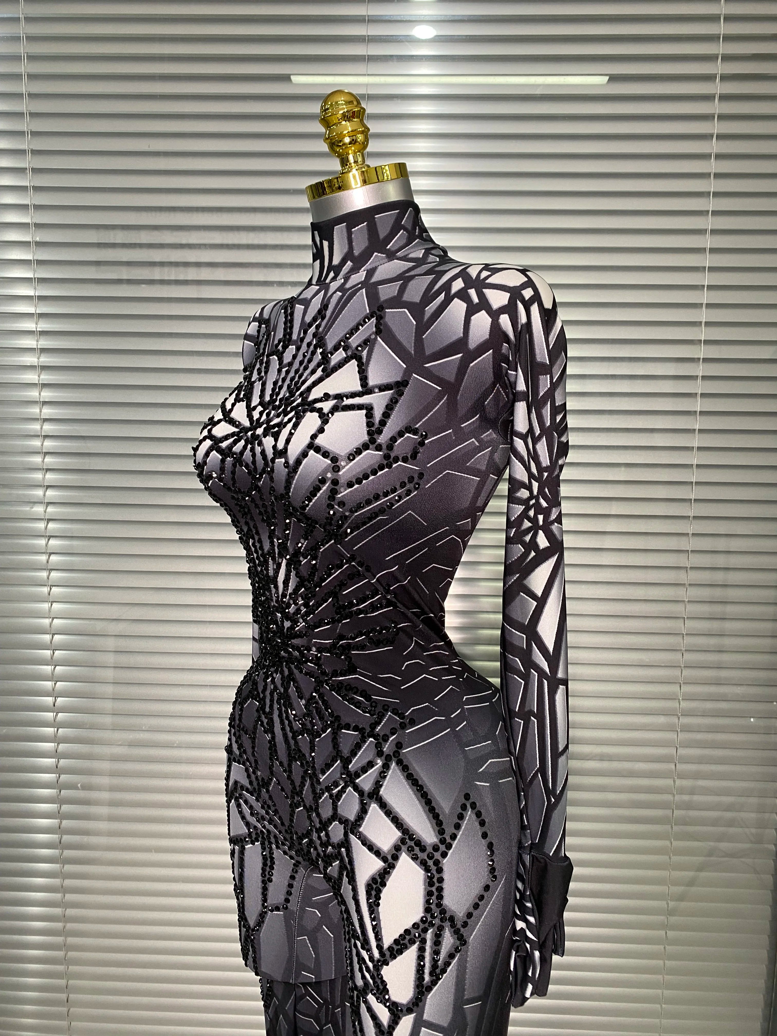 Women Sexy Black Y2K Crystal Jumpsuit Celebrity Designer Stretchy Mesh Singer Dancer Stage Night Club Rompers