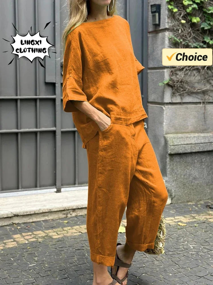 Summer Fashion New Style Matching Series Round Neck Cotton Linen Top High Waist Wide Leg Long Pants Set Plus Size Women's Wear