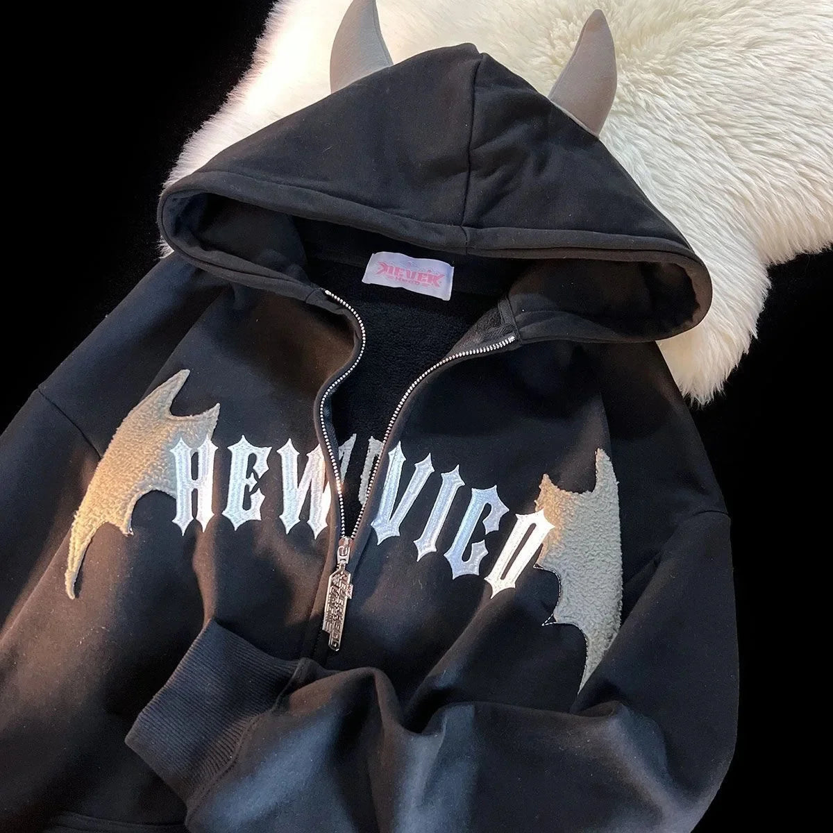 Retro Little Devil Horn Hoodies Y2k Women Letter Embroidery Zipper Hooded Sweatshirt Harajuku Casual Loose Jacket Coats black