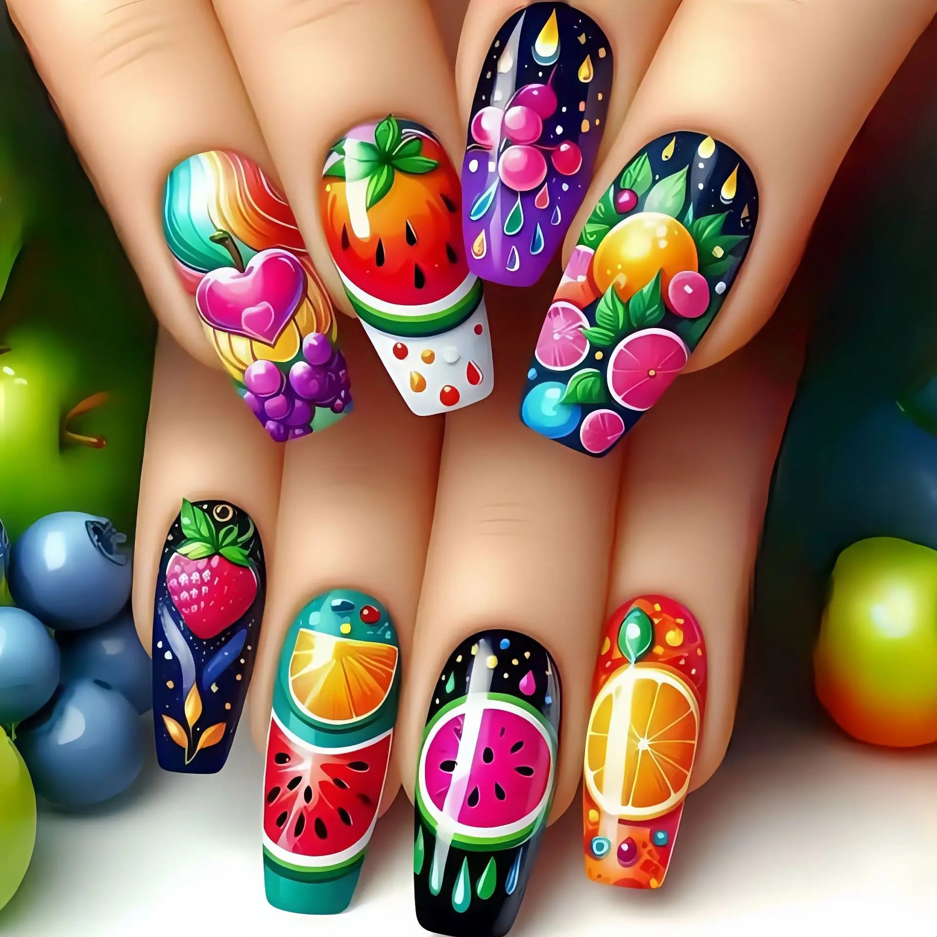24Pcs Green Colorful Press on Fake Nails with Watermelon Lemon Pattern Manicure Set Plant Flowers Design Long Ballet False Nails