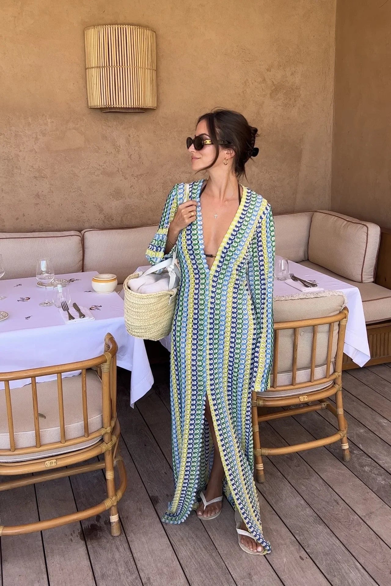 Crochet Colorful Stripe Maxi Dress Women Flare Sleeve V-neck High Split Sexy Long Dresses New Autumn Beach Banquet Vestidos