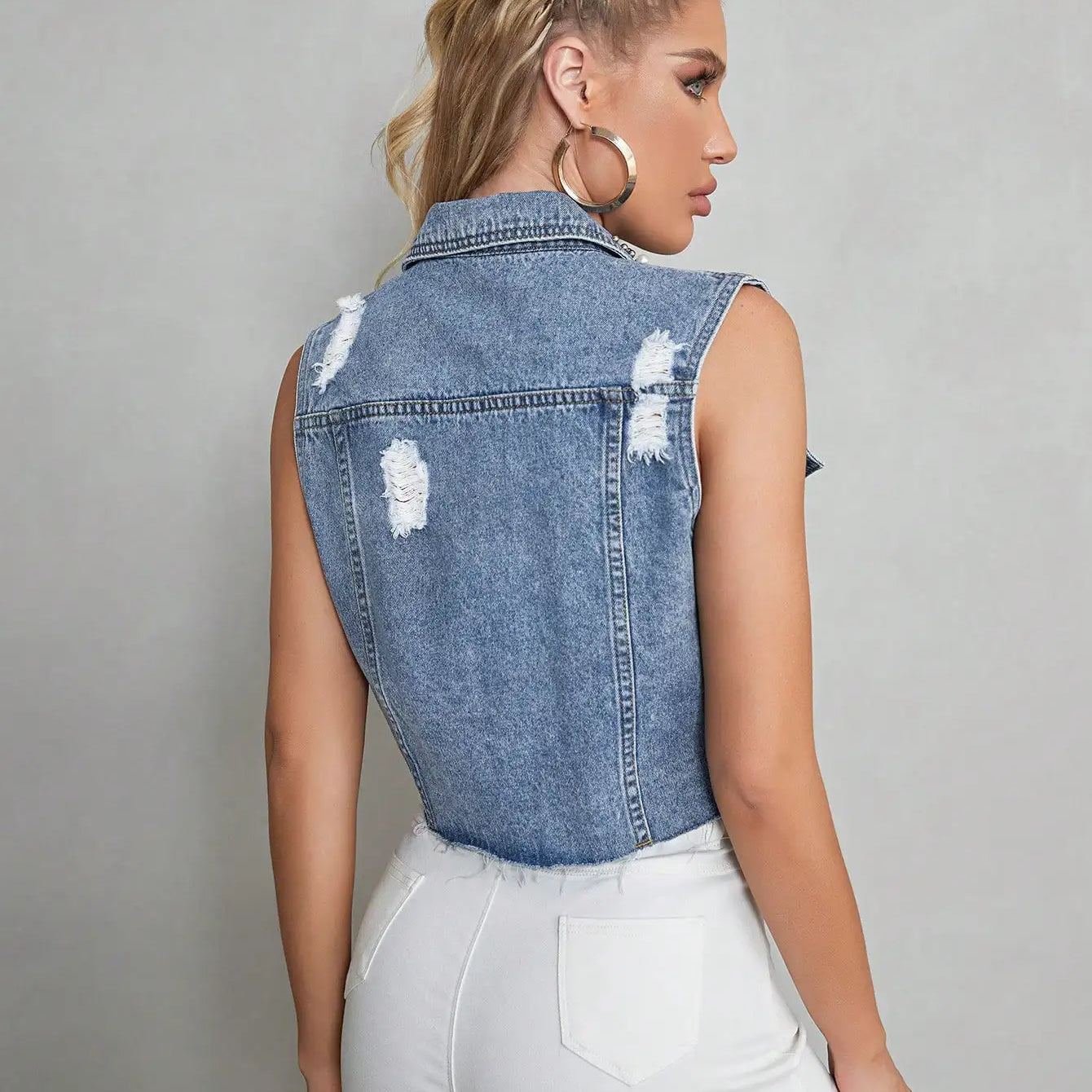 Y2K Women Fashion Denim Jacket Chic Pearl Beaded Ripped Frayed Trim Vest Sleeveless Cropped Outerwear Mujer
