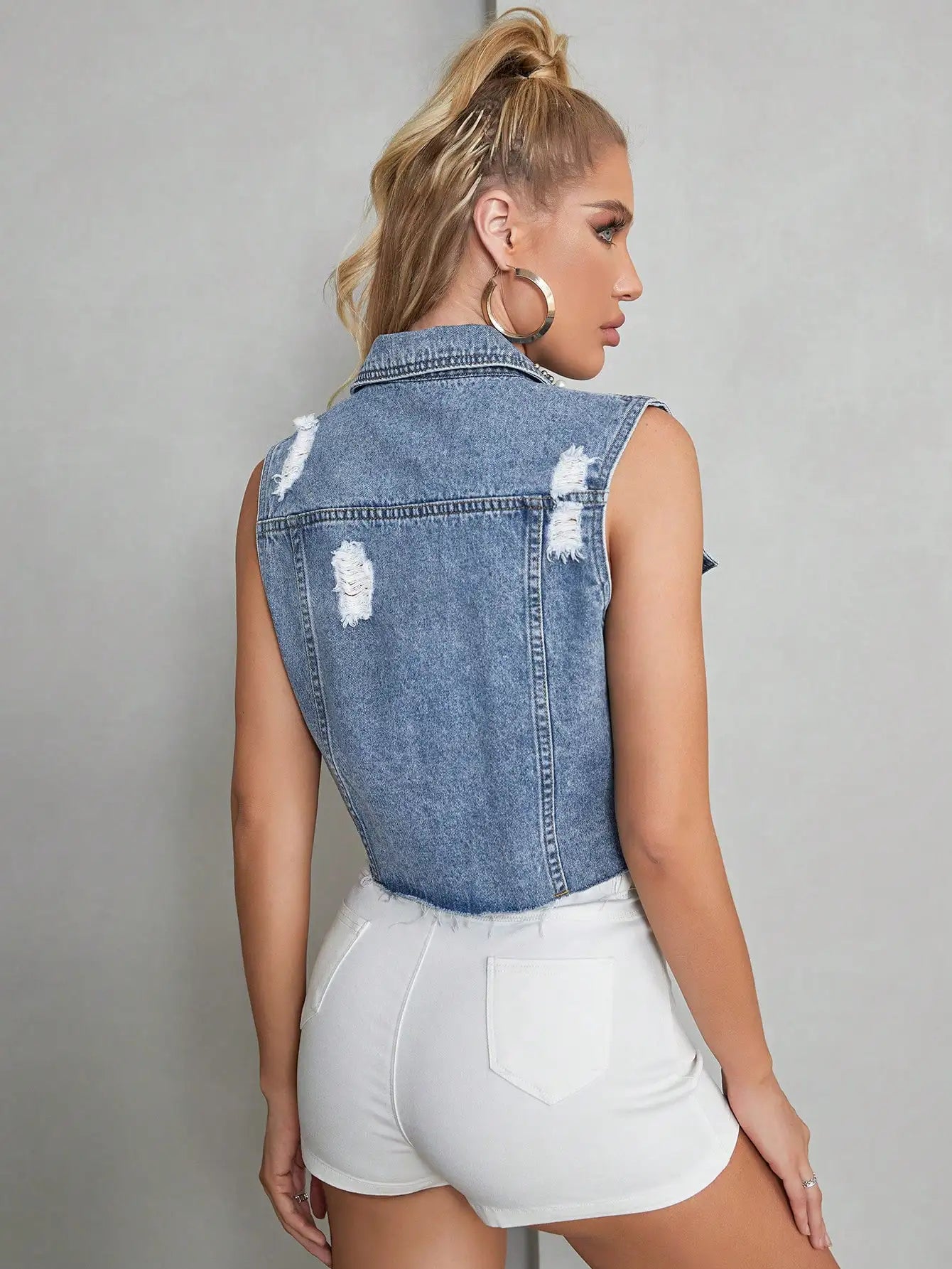 Y2K Women Fashion Denim Jacket Chic Pearl Beaded Ripped Frayed Trim Vest Sleeveless Cropped Outerwear Mujer