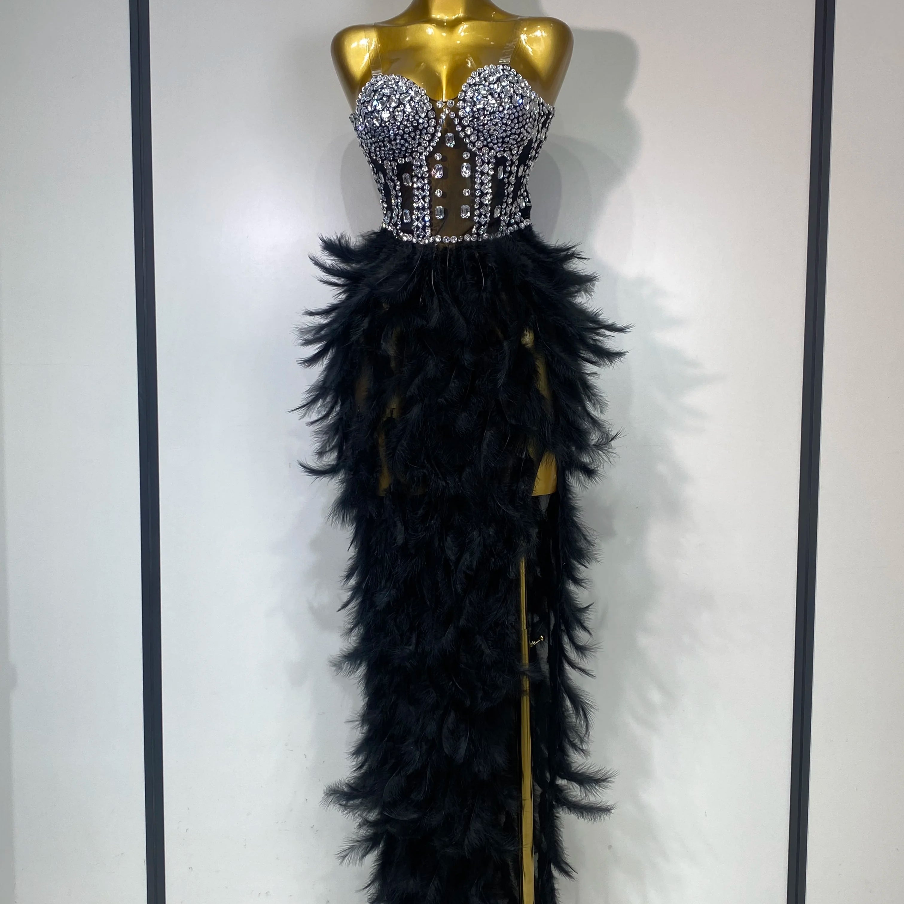 Women Sexy Sparkly Rhinestone Feather Mesh Long Dress Elegant Evening Party Celebrate Luxury Birthday Singer Stage Costume