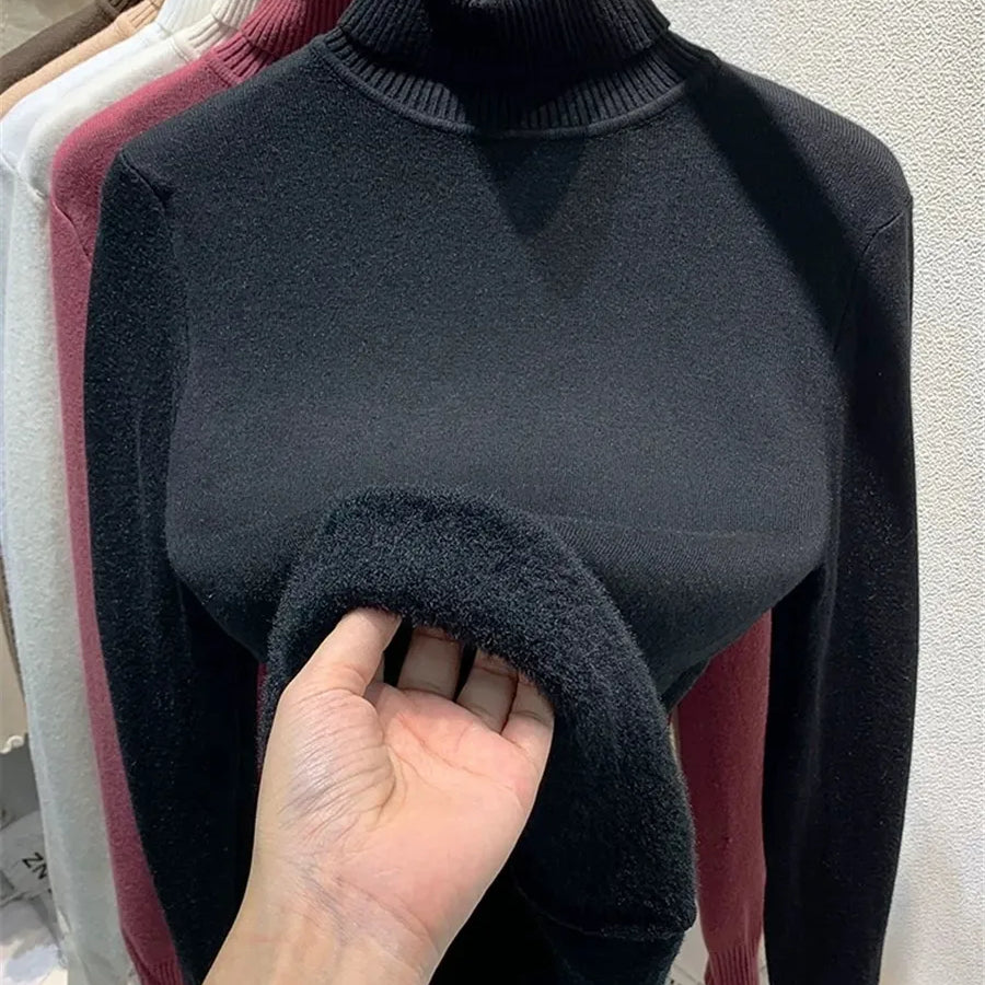 Turtleneck Winter Sweater Women Elegant Thicken Velvet Lined Warm Sueter Knitted Pullover Slim Tops Jersey Knitwear Jumper New black