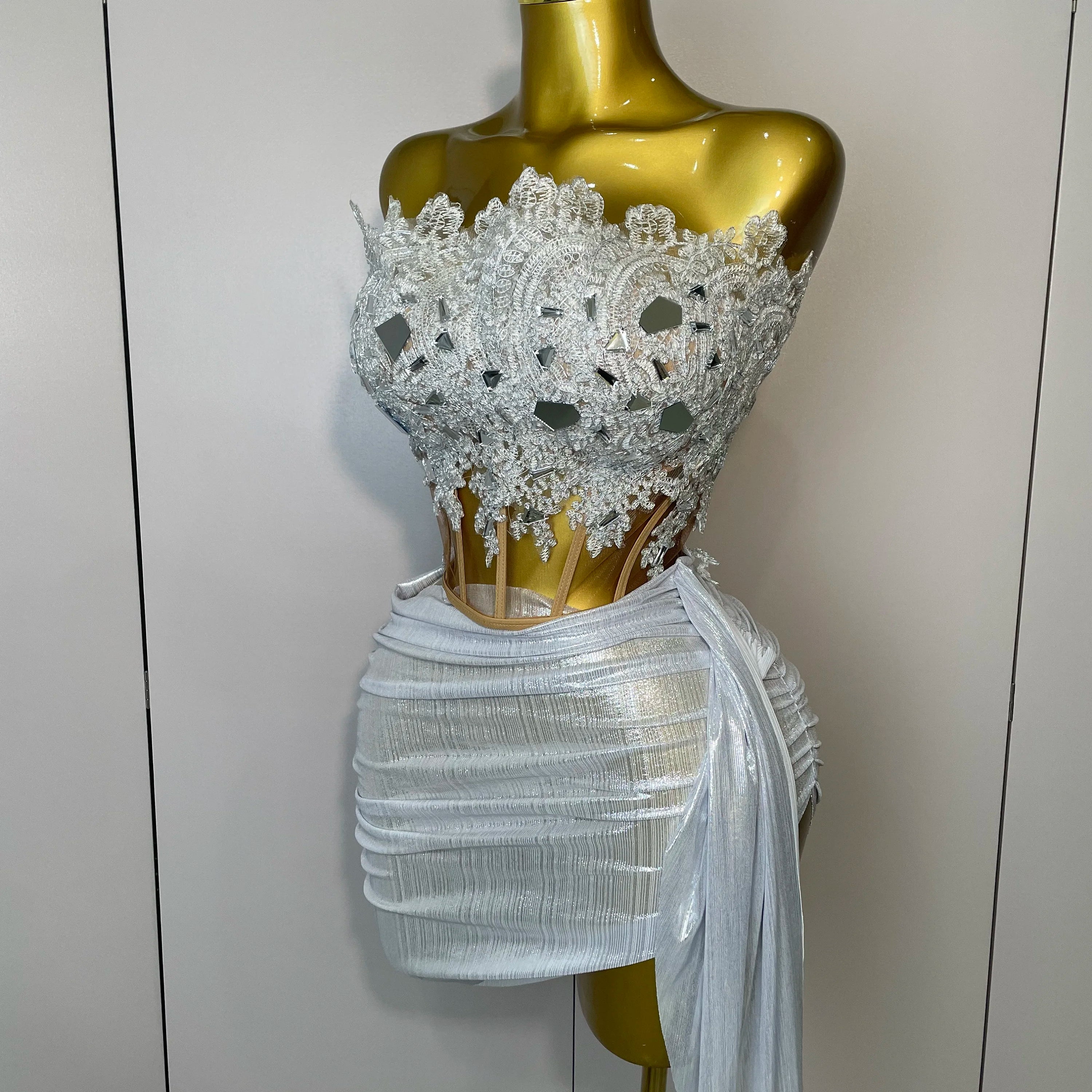 Sparkly Silver Sequins Sexy Strapless Short Dress 2Pcs Set Newest 2025 Women Party Birthday Nightclub Singer Dancer Stage Wear