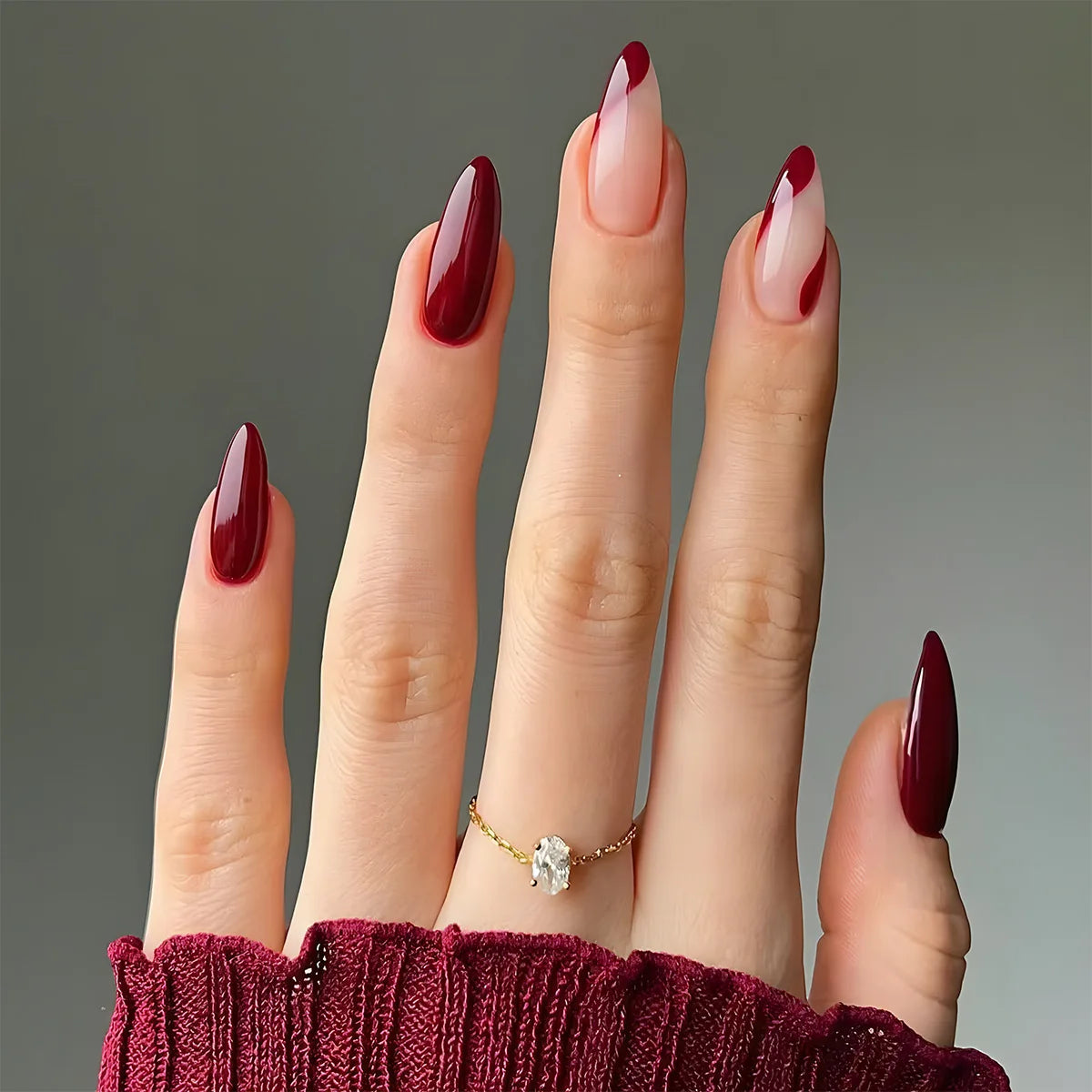 Unhas postiças simples vermelho vinho com cola, comprimento médio, amêndoa, unhas postiças, vestíveis, cabeça redonda, oval, cobertura total