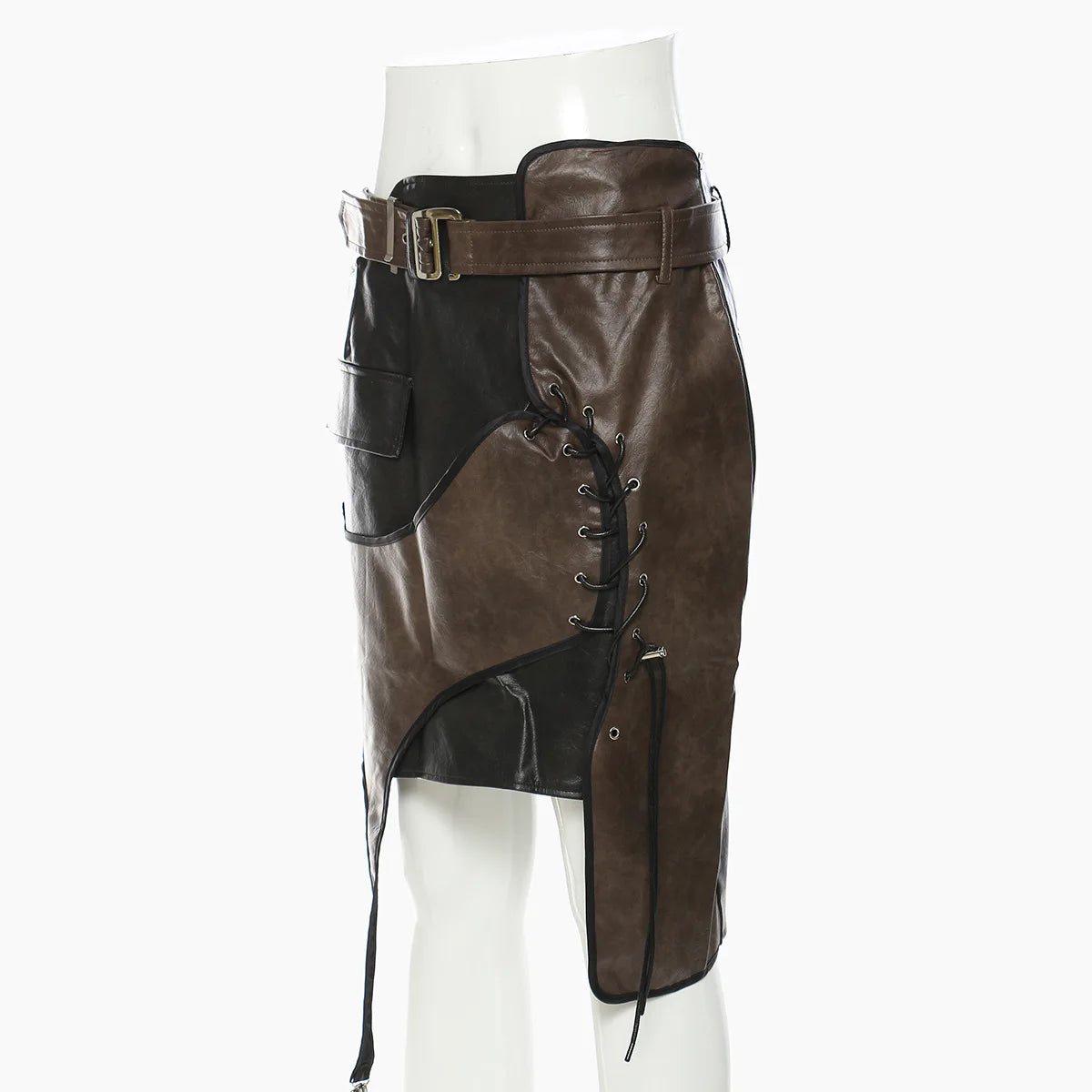 Women Retro High Waist Leather Skirt Asymmetrical Lace Up Bandage Colorblock Belt Designer Mini Skirt