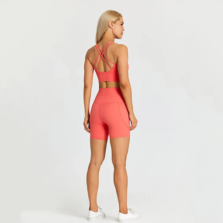 ABS LOLI Pockets Yoga Shorts Set Women Fitness Suit 2 Piece Sports Gym Wear Workout Clothes Running Sportswear Sport Outfit watermelon red