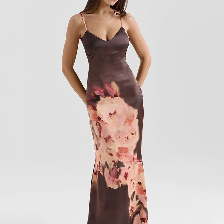 Satin Floral Print Sexy Maxi Dress Women Gown Elegant Spaghetti Strap Sleeveless Backless Bodycon Evening Club Dress