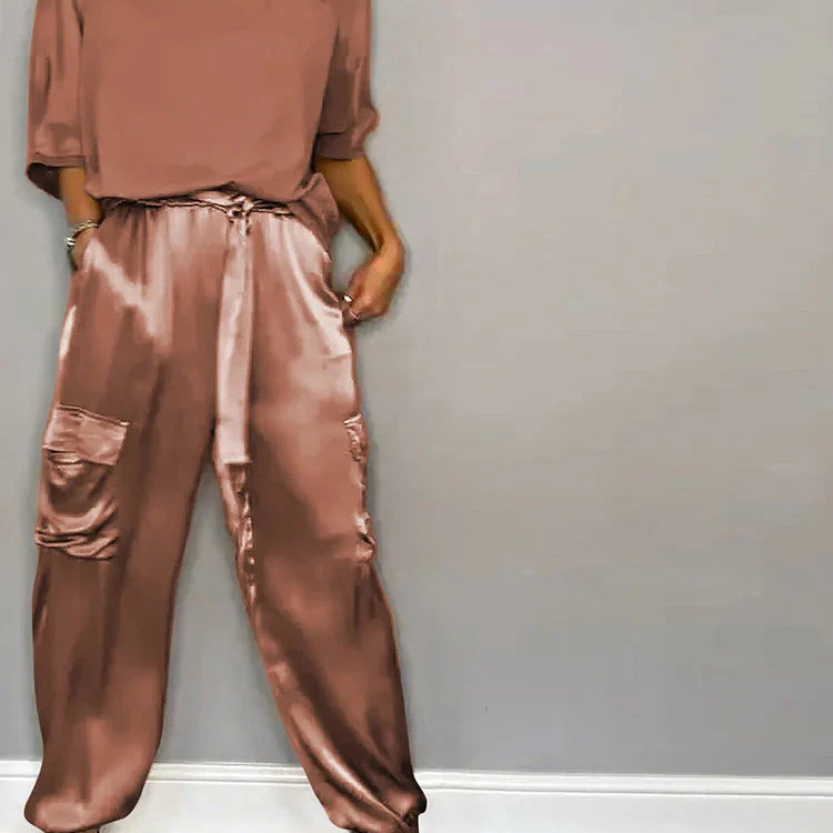Fashion Solid Color Satin Two Piece Set Women Round Neck New Spring Summer Top Long Pants Casual Loose Two Piece Set Brown