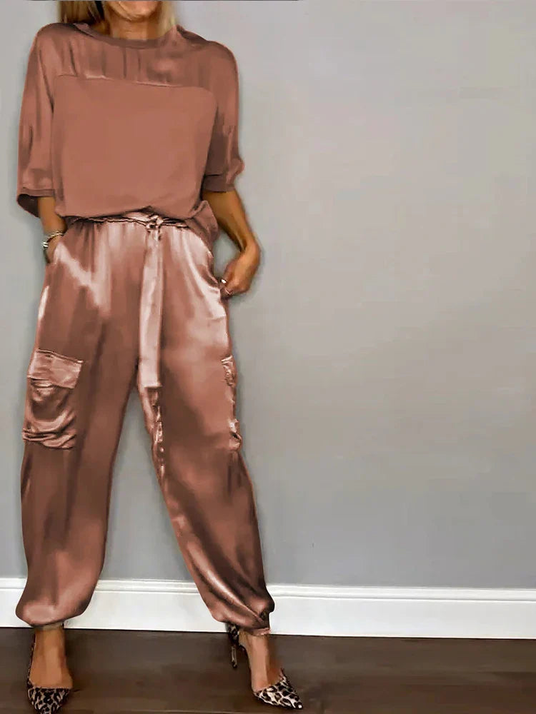 Fashion Solid Color Satin Two Piece Set Women Round Neck New Spring Summer Top Long Pants Casual Loose Two Piece Set Brown