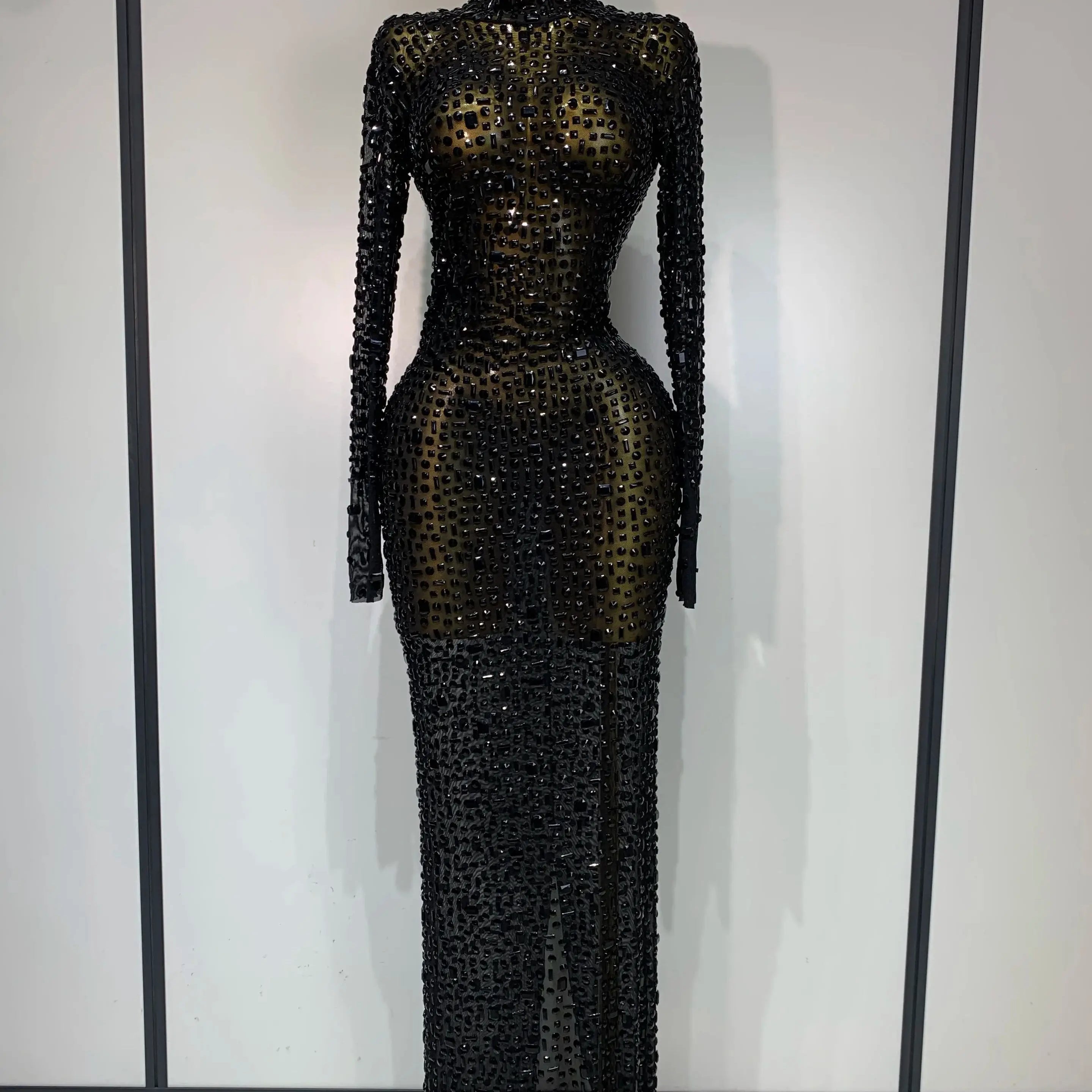 Sparkly Luxury Rhinstones Long Sleeve Elegant Party Dress Women 2025 Performance Stage Outfit Evening Birthday Prom Gown