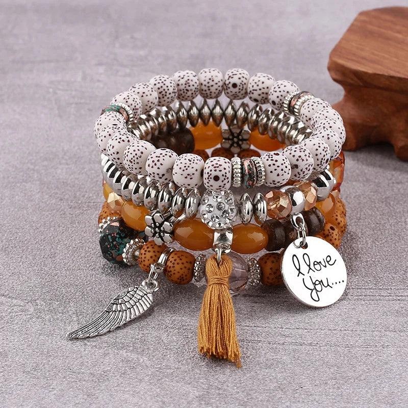 4Pcs Bohemian Women Pink Tassel Bracelet Set For Female I Love You Feather Round Charm Beads Chain Bangle Fashion Party Jewelry