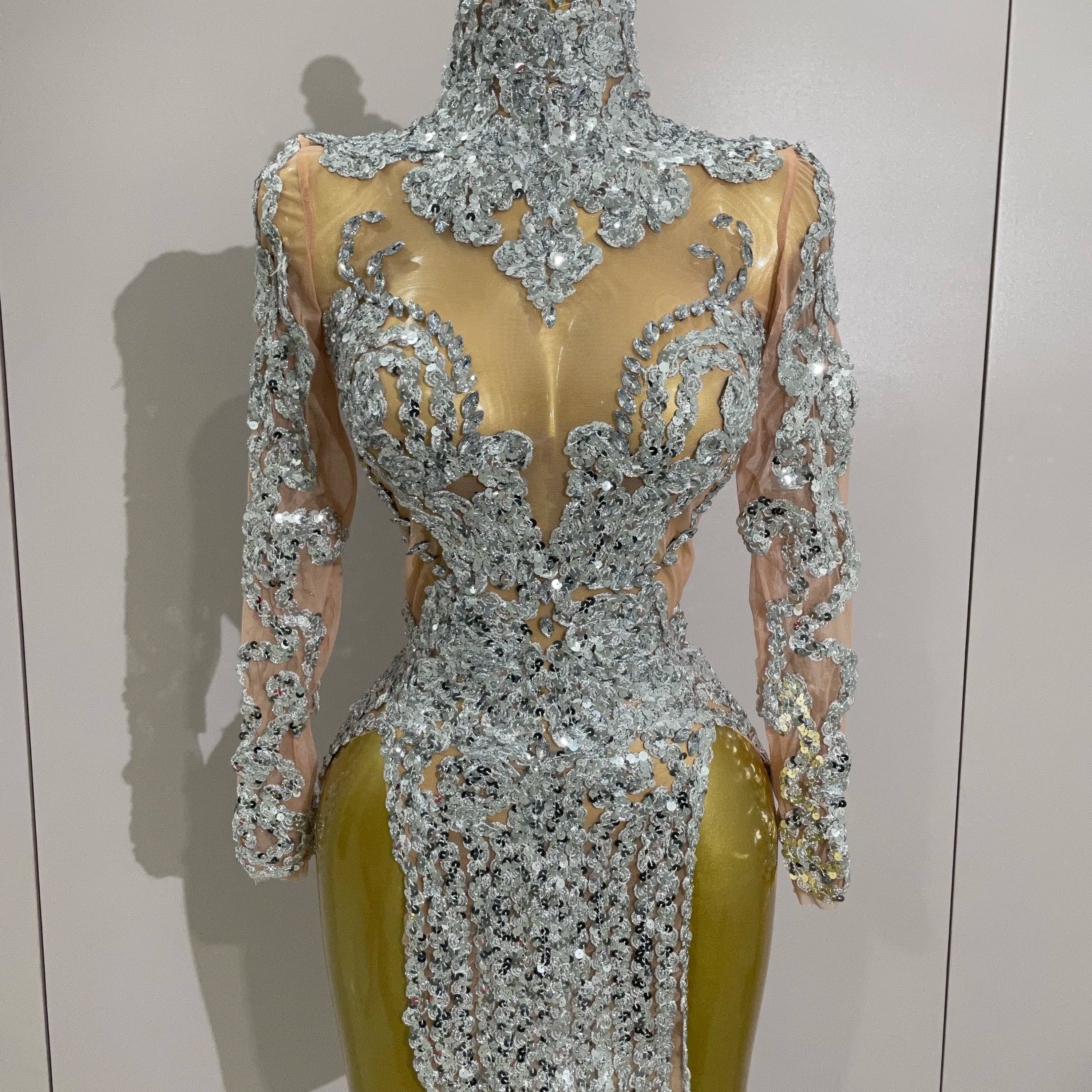 Luxury Sparkly Sequins Stretch Long Sleeve Mesh Mini Dress 2025 Women Birthday Party Nightclub Dancer Stage Performance Costume