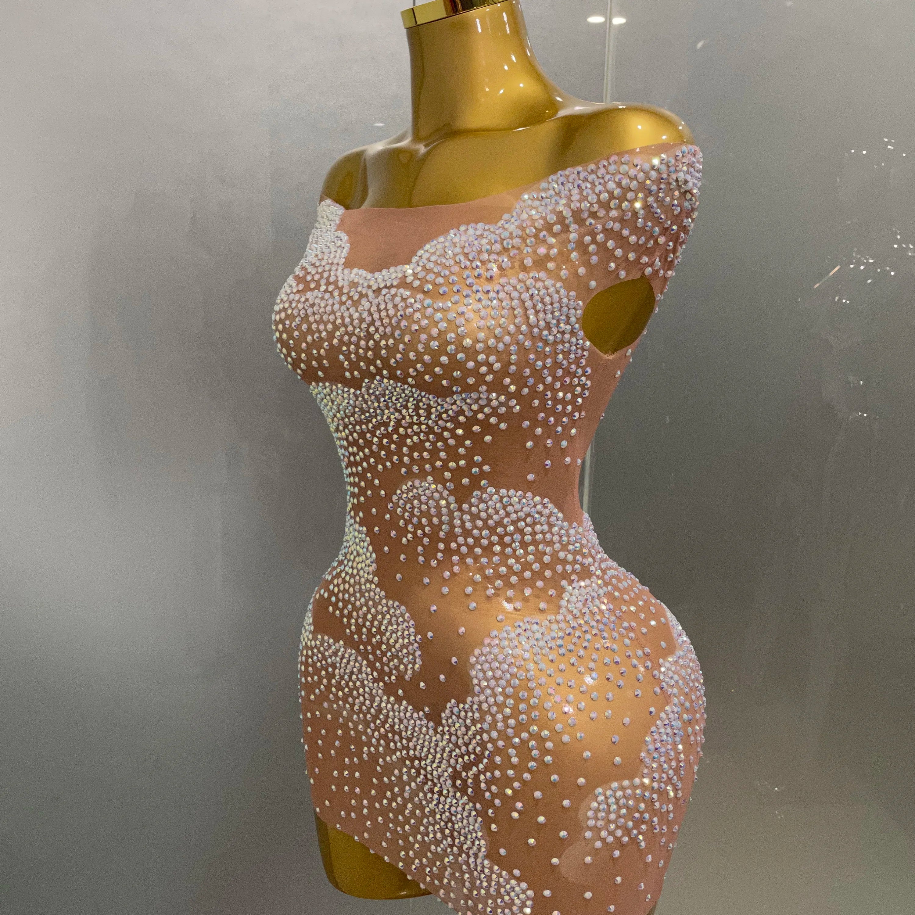 Sexy Sparkle Rhinestone Transparent Stretch Mini Dress 2025 New Women Evening Birthday Party Club Stage Performance Costume