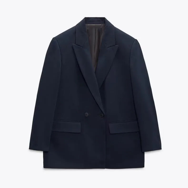 Spring/Summer Commuting Loose Leisure Fashion Suit Lapel Loose Double Breasted Blazer Navy Blue