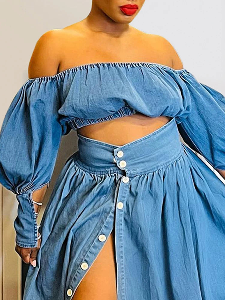 Women Denim Two Piece Set Plus Size Split Hem Off the Shoulder Elegant Puff Sleeve Elastic Top and High Waist Skirt Set Outfits