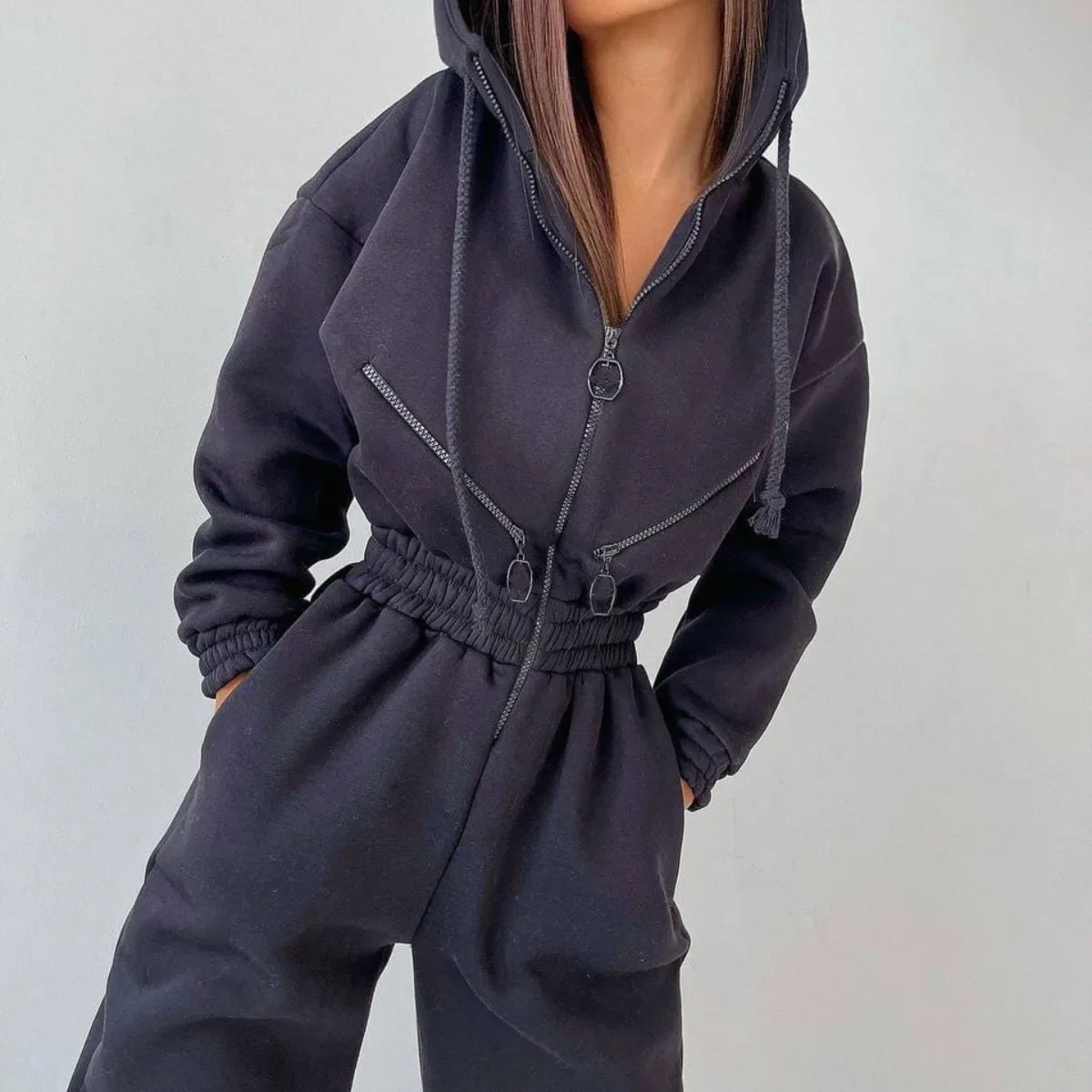 LKF New Sports and Casual Women's Jumpsuit Hooded Zipper Cardigan Solid Color Street Trendy Jumpsuit Wholesale Black