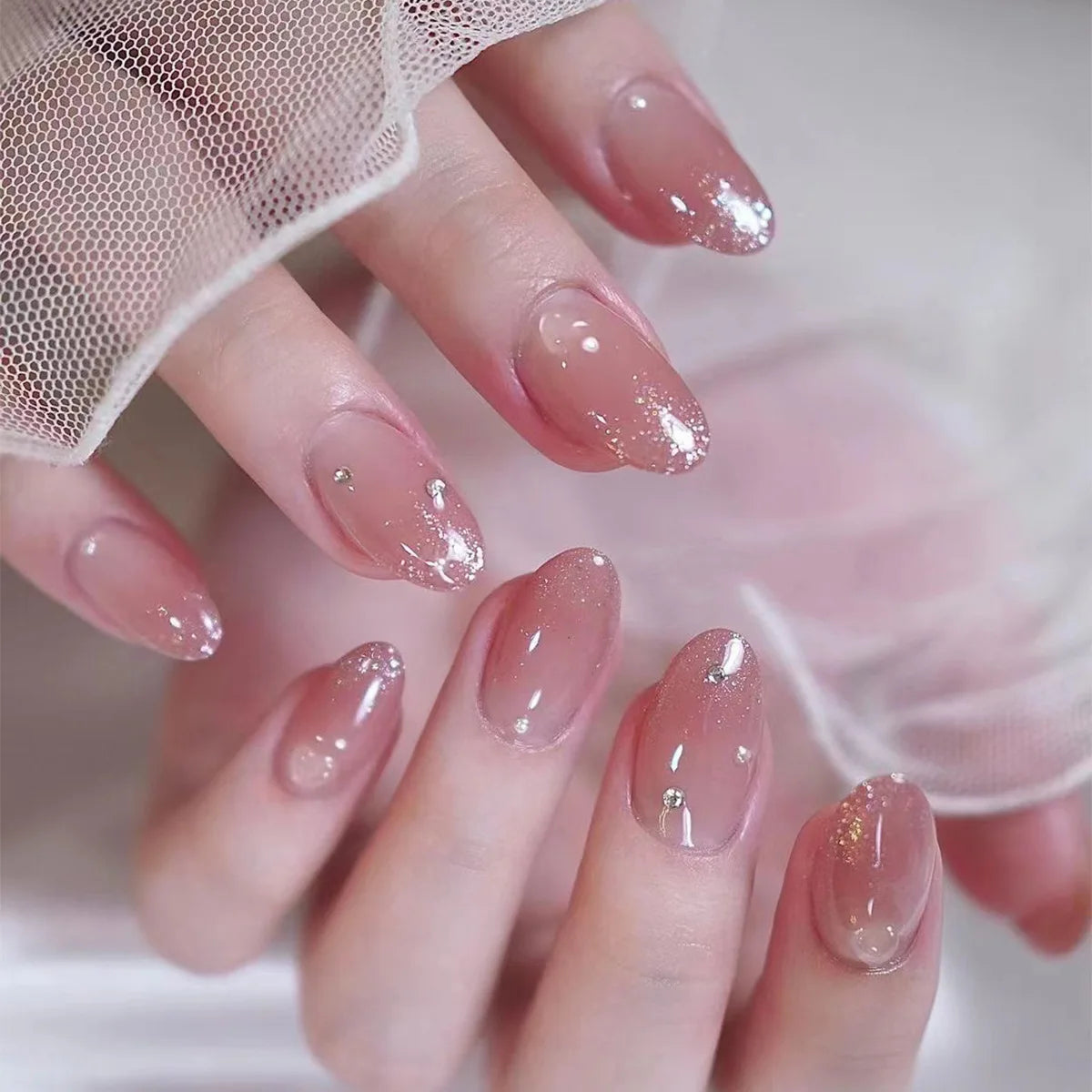 24Pcs French Fake Nail Tips with Almond Head Design Short Oval False Nails Simple Wearable Gradient Purple Nails Set Press On