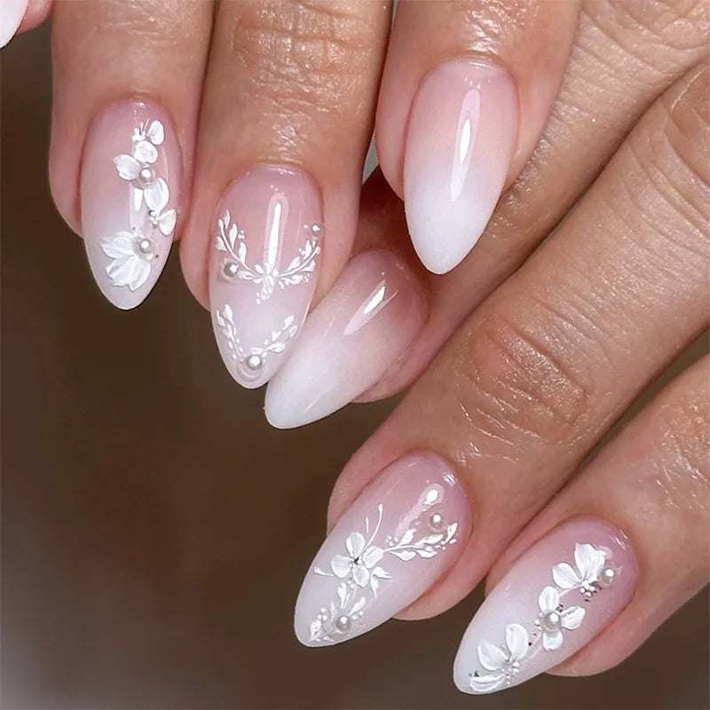 24Pcs Mid-length Almond Nails Set Press on With White Gradient Design Fake Nail Flower Pattern Reusable Finished False Nail Tip