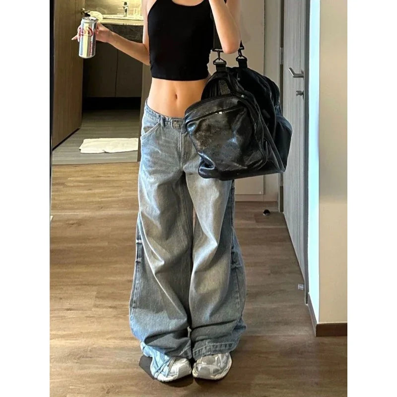 Vintage Oversized Jeans Women Autumn Low Rise Y2k Gyaru Blue Baggy Wide Denim Pants Korean Fashion Baddies Streetwear
