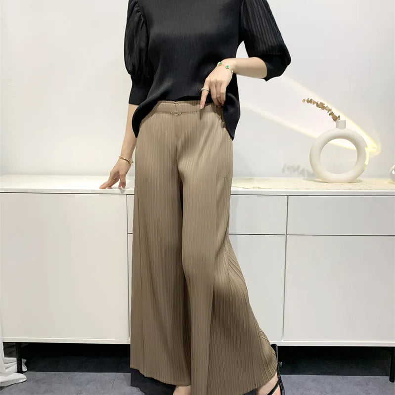 Summer Pants Women Hitching Piece Comfortable Casual New Loose Straight Pants Wide Leg High Waist Thin Pleated Pants