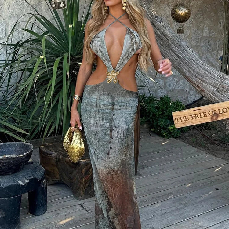 Halter Deep V Neck Print Sexy Maxi Dress For Women Gown Summer Hollow Out Sleeveless Backless Beach Long Dress