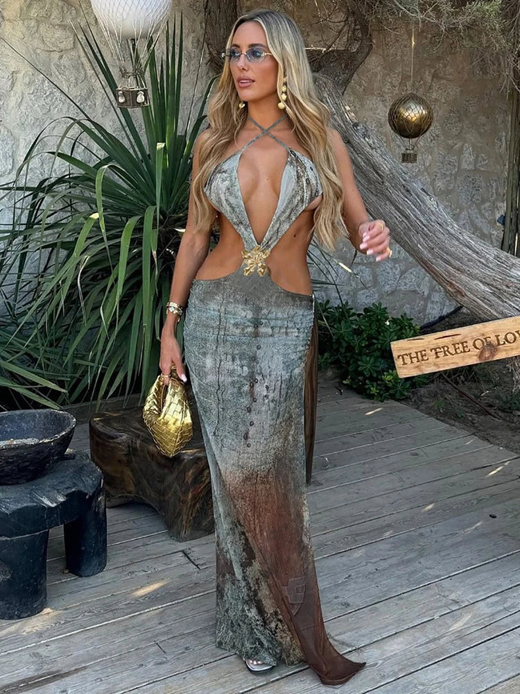 Halter Deep V Neck Print Sexy Maxi Dress For Women Gown Summer Hollow Out Sleeveless Backless Beach Long Dress