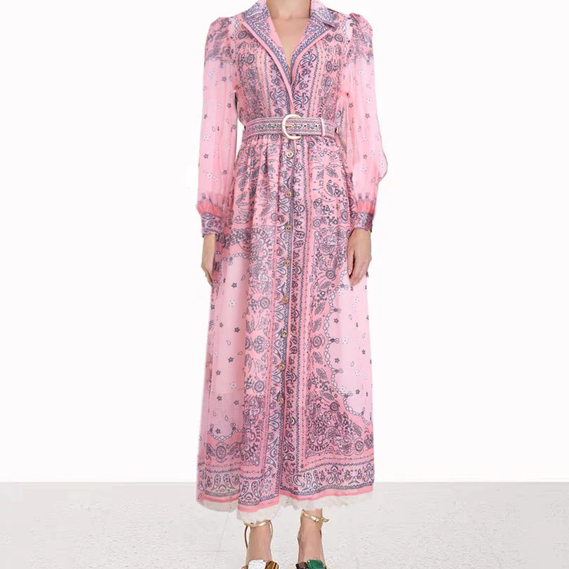 Summer Vintage For Women Printing Dresses Long Sleeve Lapel Single Breasted Chiffon Dress High Waist New Luxury Female Clothing Pink