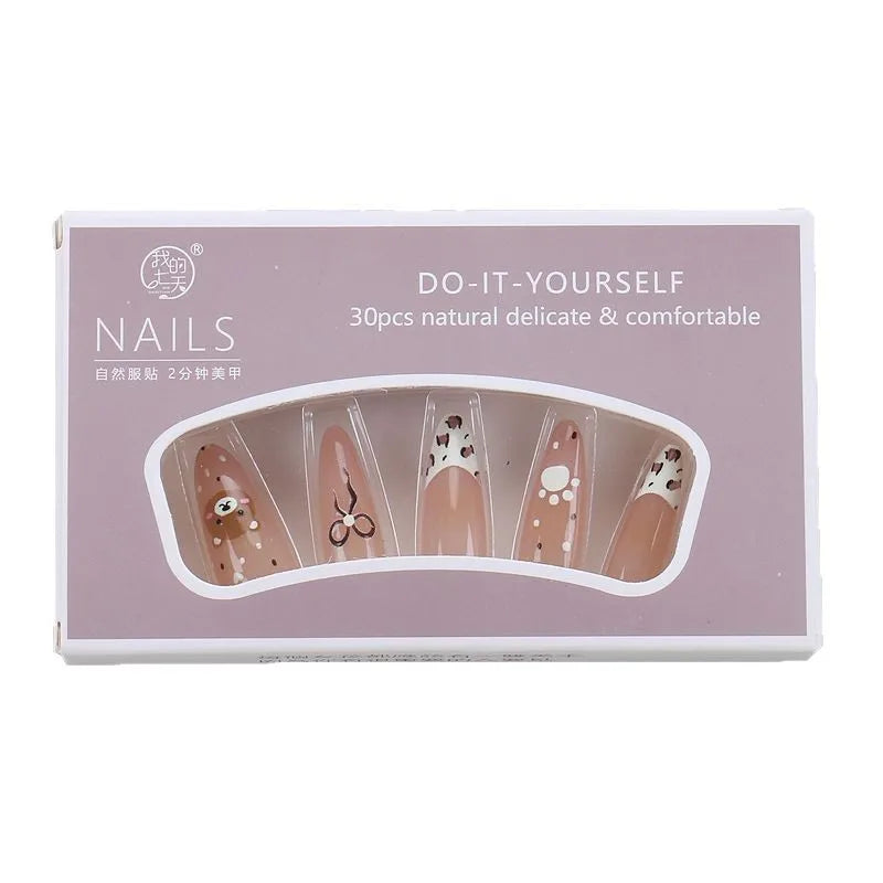 30pcs Cartoon French Almond Fake Nails Nanicure False Nail Bear Bow Full-Coverage Nail Tips for Women&Girl Detachable Fake Nail