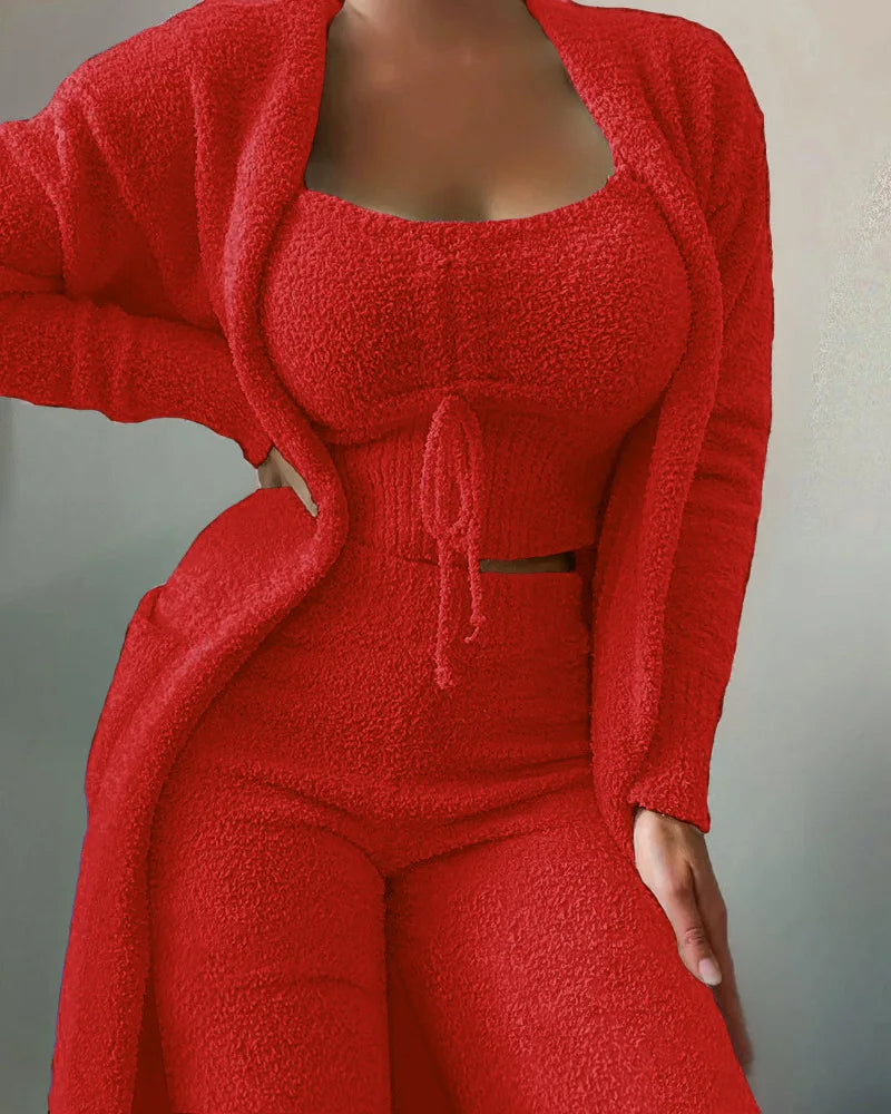 CM.YAYA 3-Piece Women Sets Plush Velvet Pajama Sleepwear Tank Tops + Pants + Cardigan Coat Tracksuit Loungewear Causal Outfits Red 2