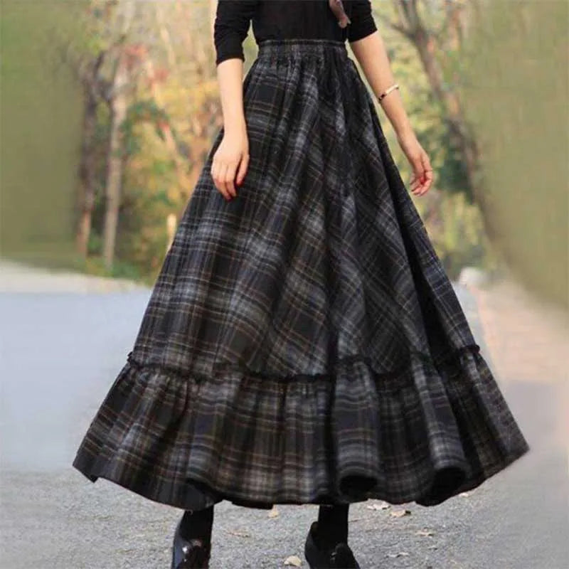 Fashion Loose Shirring Bandage Spliced Ruffles Plaid Skirts Women's Clothing Spring New Oversized All-match Long Skirts