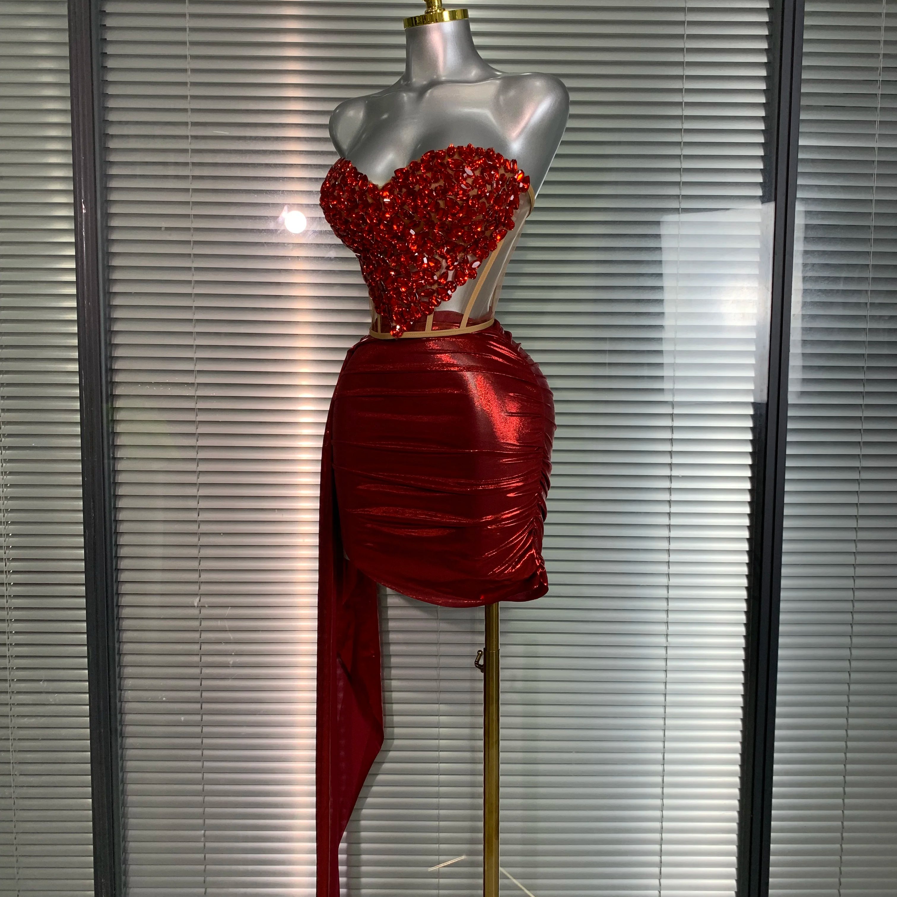 New Women Sexy Two Pieces Set Red Crystal Diamonds Night Club Skirt Suits Laced Singer Dancer Stage Performance Costume