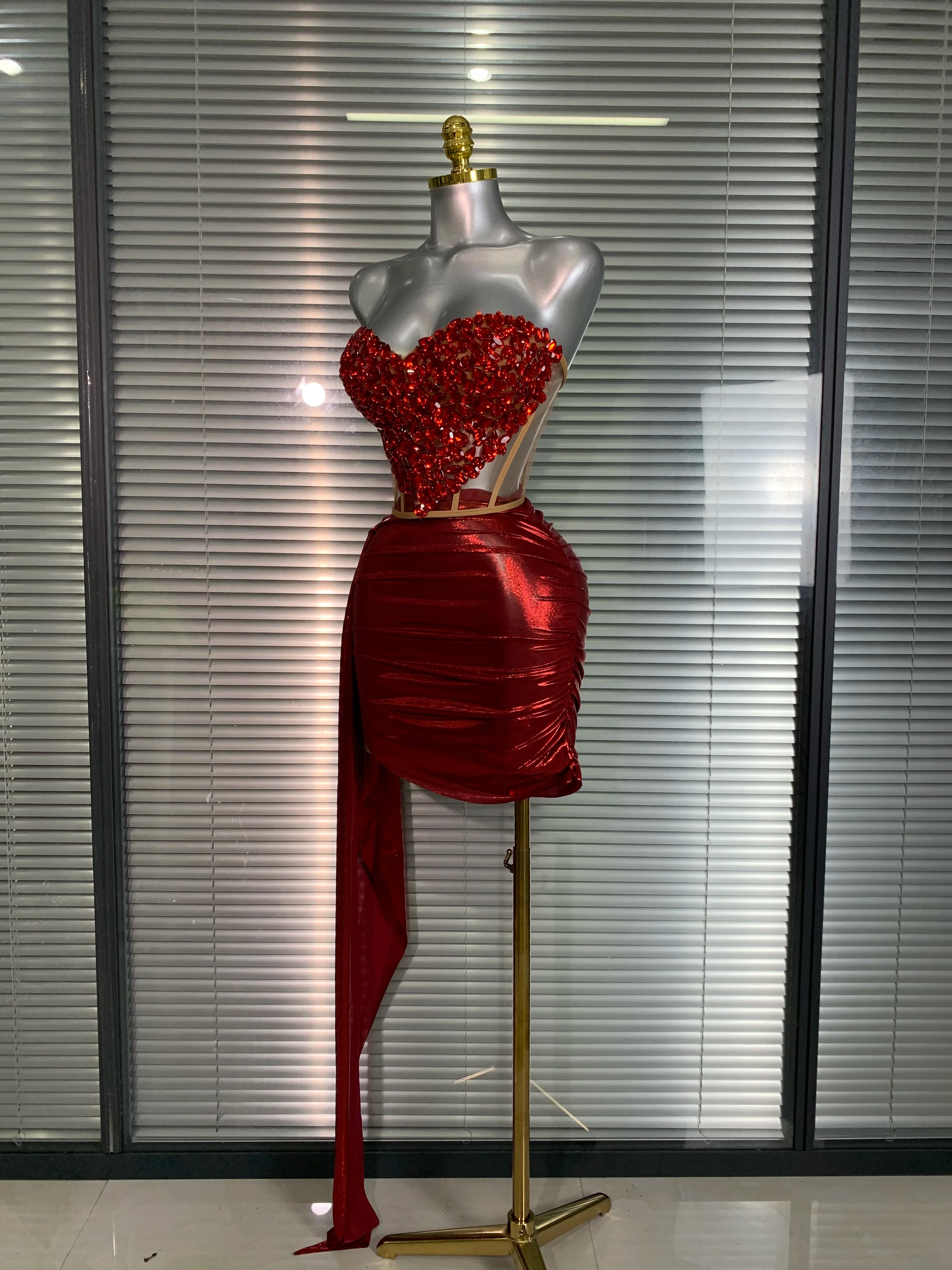 New Women Sexy Two Pieces Set Red Crystal Diamonds Night Club Skirt Suits Laced Singer Dancer Stage Performance Costume