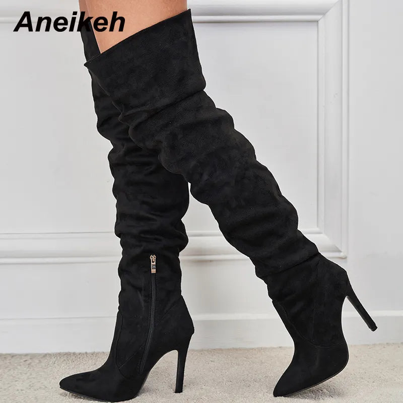 Women's Fashion Trend Pointed Toe Thin Heel Over Knee Boots Spring/Autumn Flock Splicing Side Zipper Chelsea Boots Black