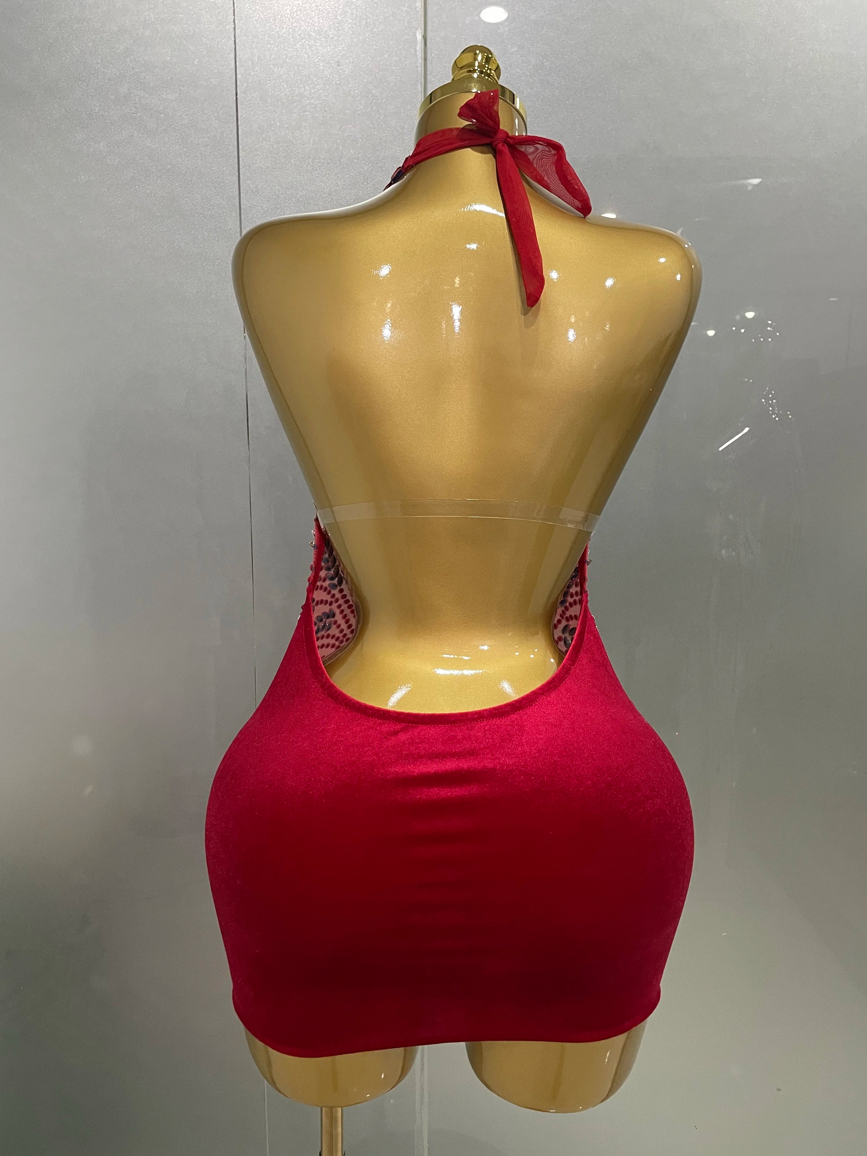 Sexy Red Sparkly Rhinestones Halter Backless Velour Short Dress 2025 New Women Evening Prom Celebrate Birthday Party Stage Wear