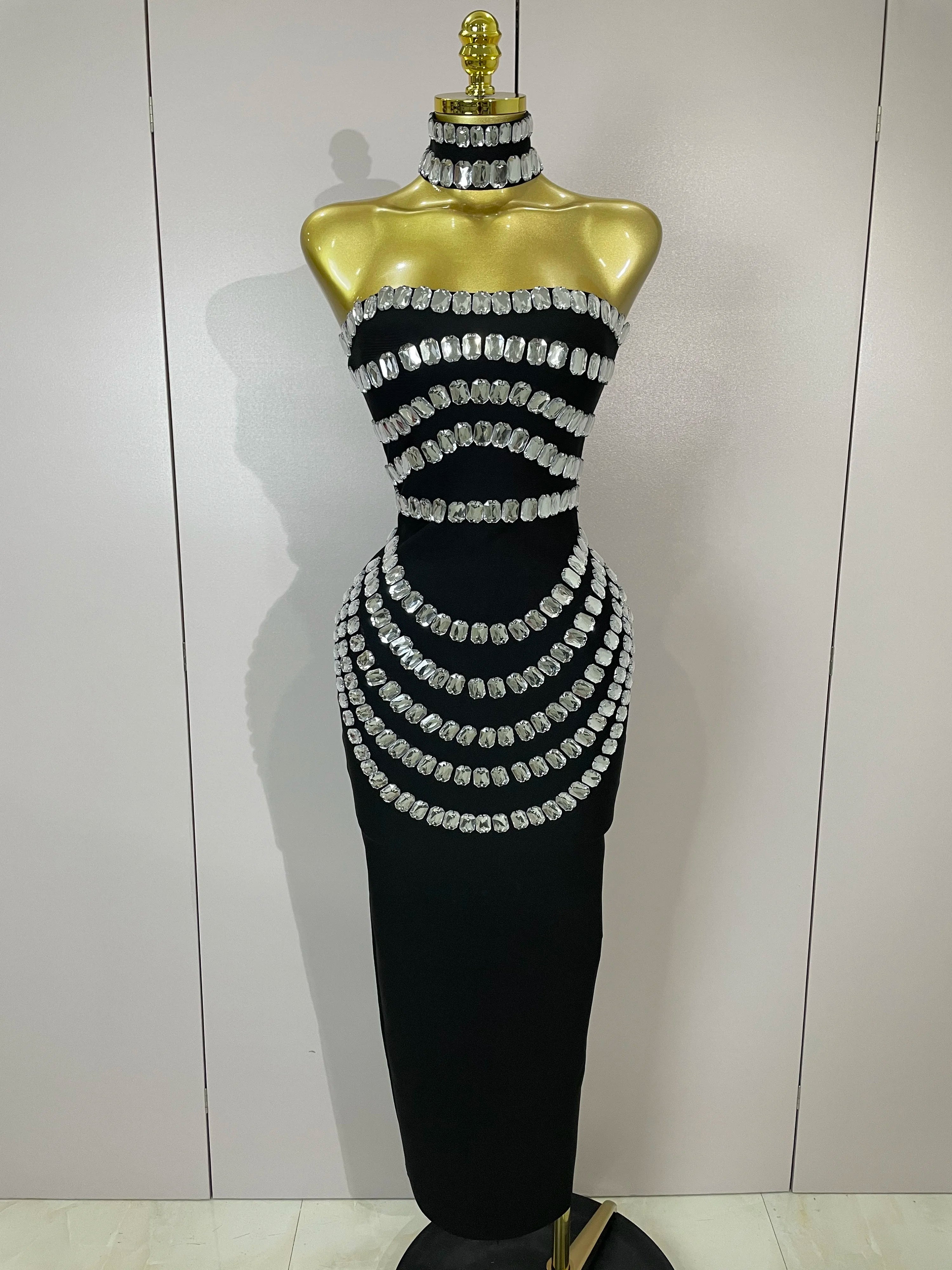 2025 Women Sexy Backless Strapless Black Beading Long Bandage Bodycon Dress Celebrity Elegant Evening Luxury Birthday Dresses